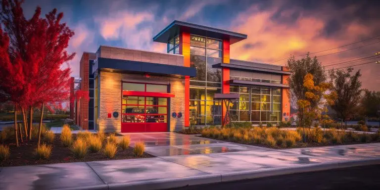 Modern fire station with vibrant red accents stands out against a dramatic sunset sky, surrounded by fiery autumn foliage.