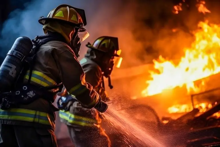 Brave firefighters in action, battling a fierce blaze with a powerful water hose at night.